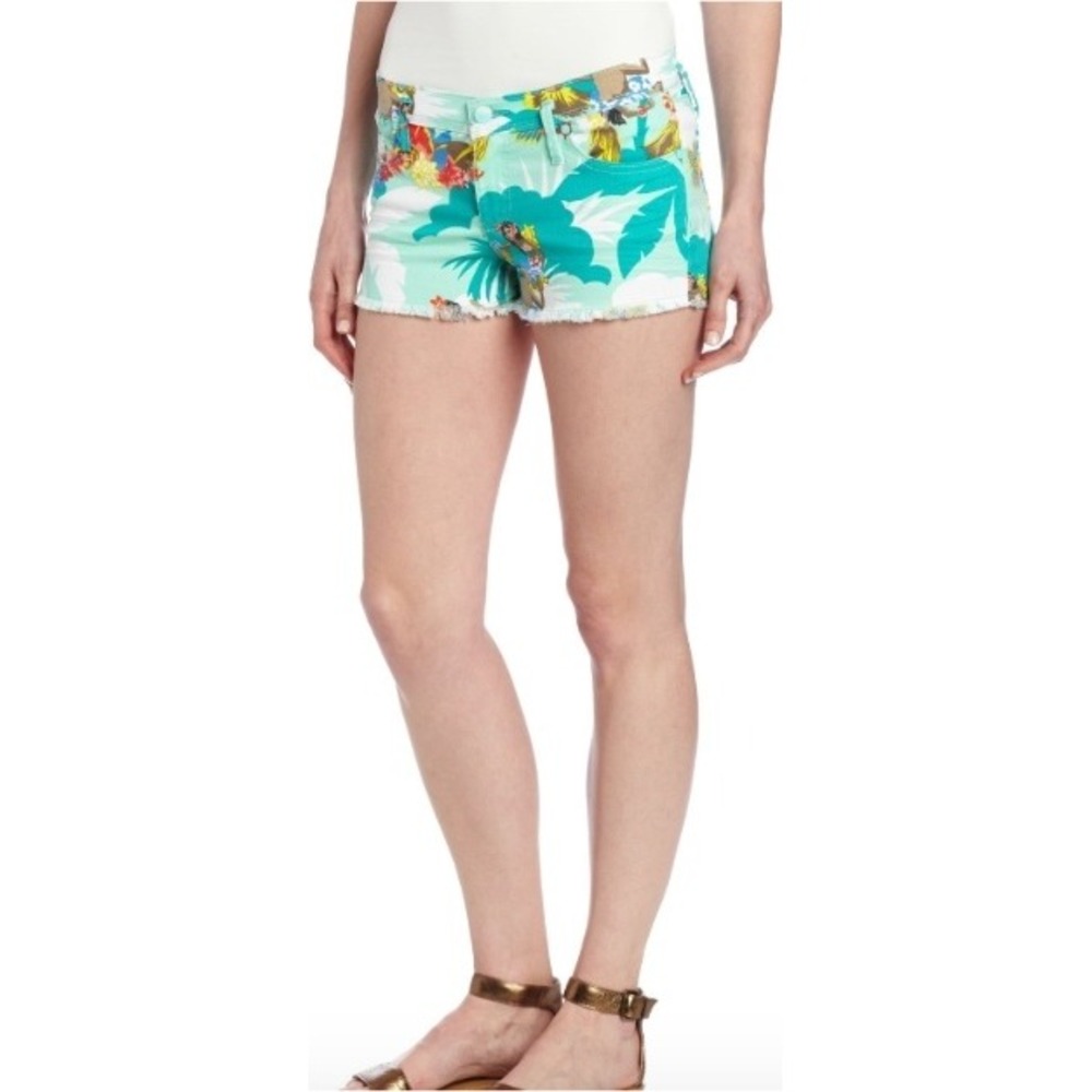 Roxy Denim‎ Teal Tropical Hula Girl Graphic Cut Off Shorts Size 5/27 Low Rise